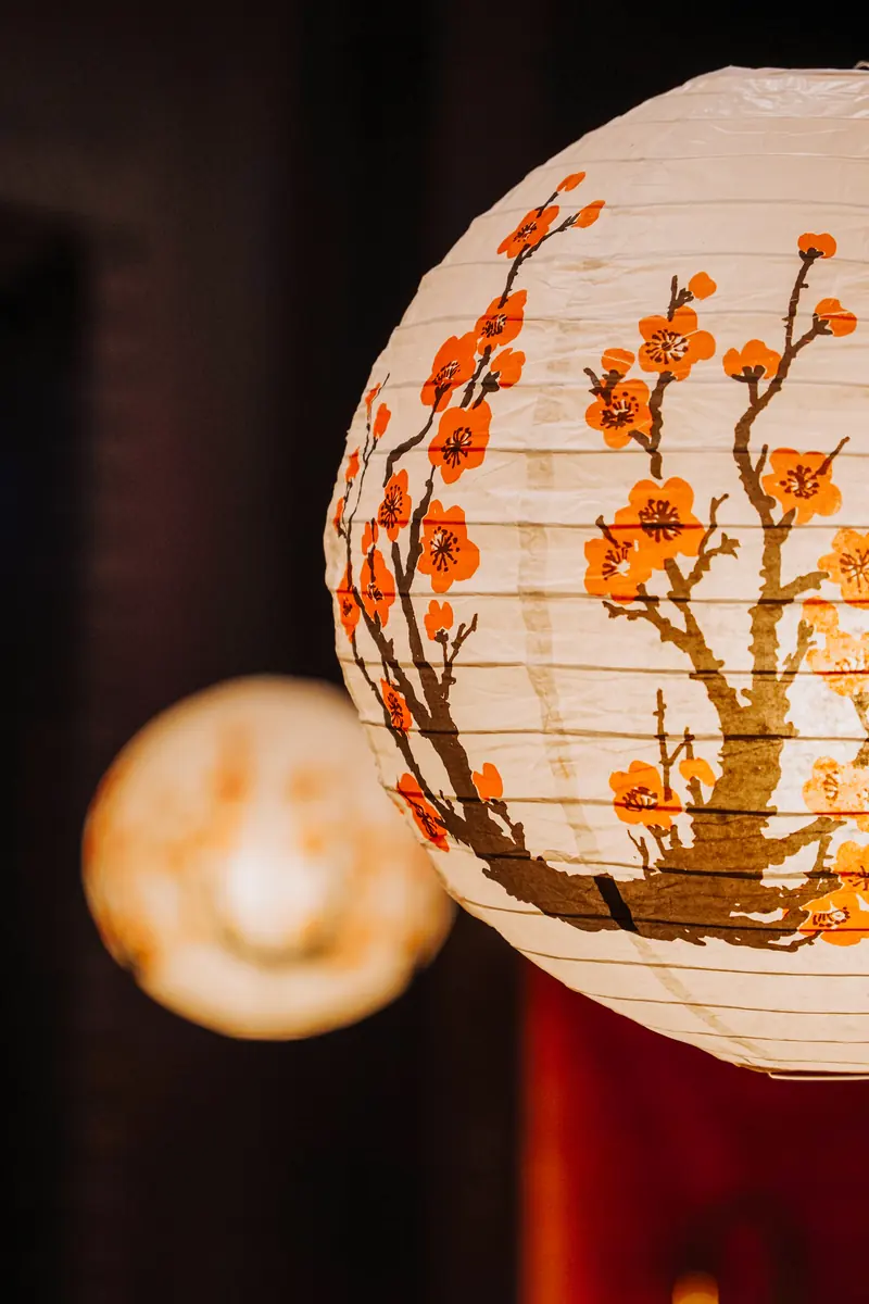 Lanterna japonesa com flores de cerejeira